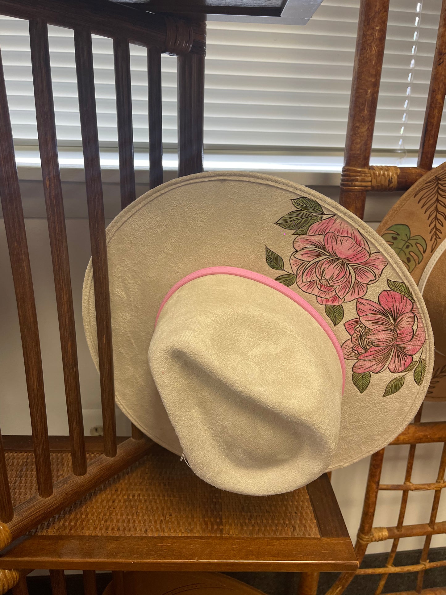 Cream Hat with Painted Pink Flowers and Pink Band