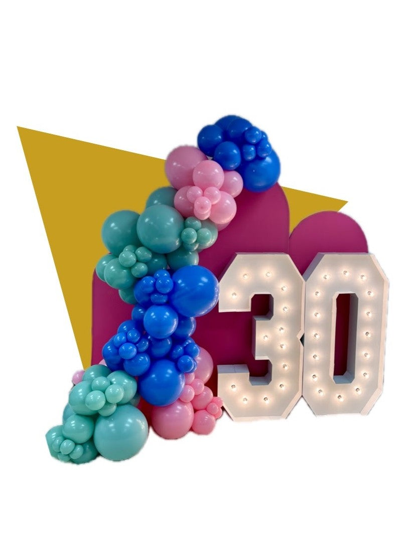 Triple Panel Backdrop with Balloon Garland + Alpha-Lit Double Digits