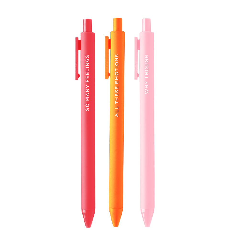 red, orange, and pink pens with text