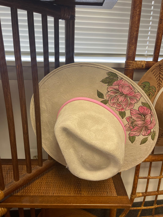 Cream Hat with Painted Pink Flowers and  Pink Band