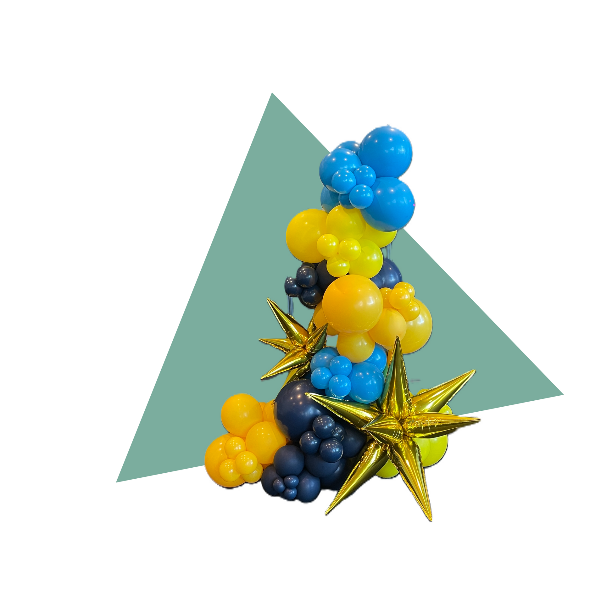 Free standing balloon garland in blue yellow and navy with gold exploding star balloons on green triangle with white background