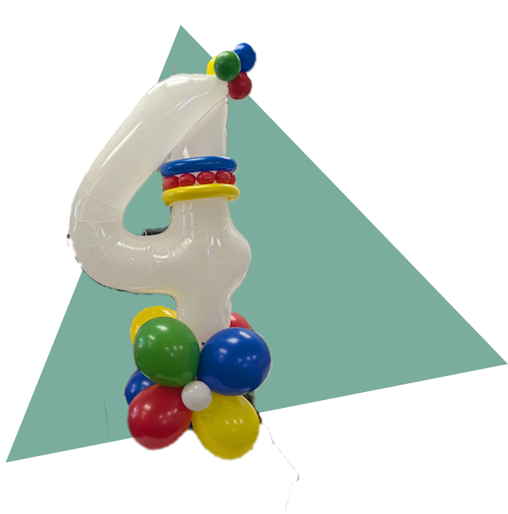 Colorful balloon shaped like the number 4 on a green triangle background
