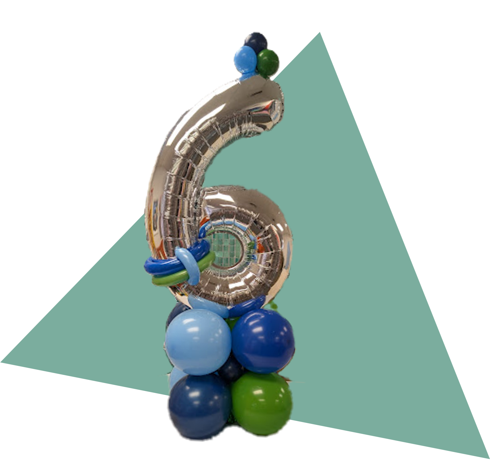 Silver number 6 balloon with blue and green balloons on a white background