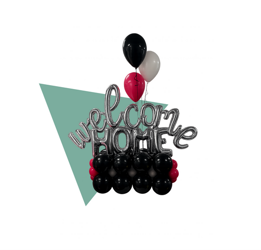 Decorative balloon arrangement with 'welcome home' text and balloons on a white background